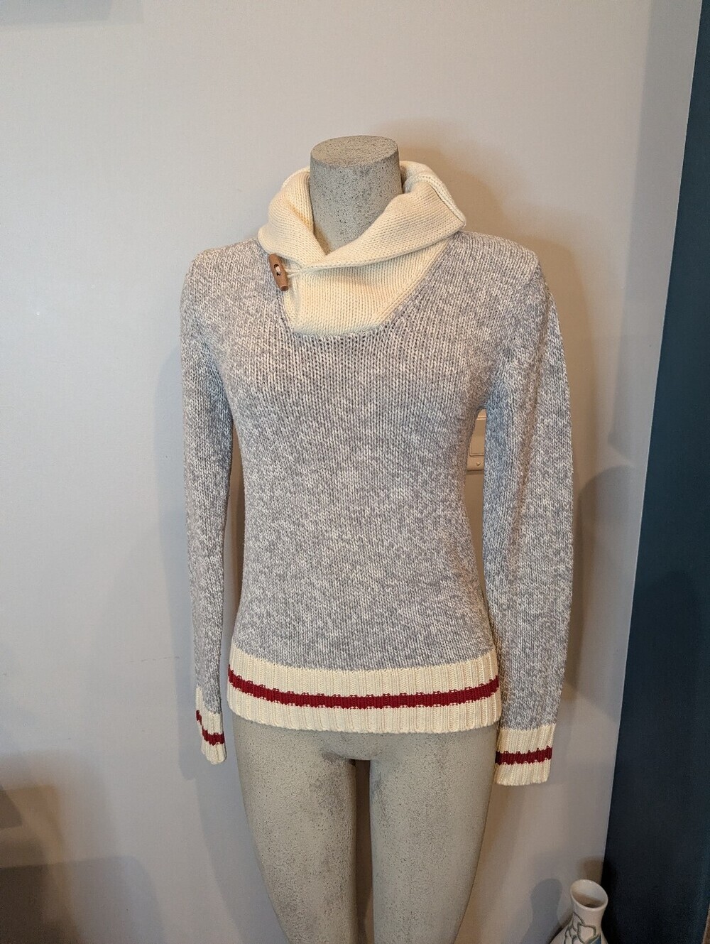 Sock Monkey Style cowl neck Sweater gray  & ivory with red strip cuffs size XS